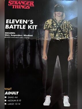 Stranger Things Eleven’s Battle Kit Costume Shirt Suspenders Blindfold Adult L